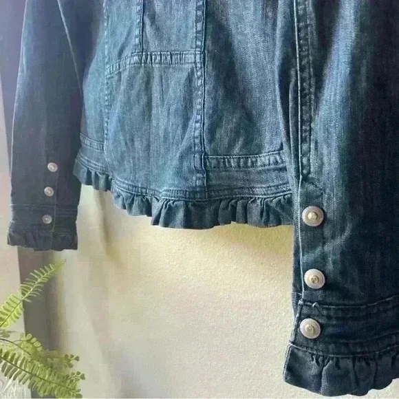 CHRISTINE ALEXANDER Jean Jacket Ruffle Trim Rhinestone Buttons Denim XS - Picture 7 of 12